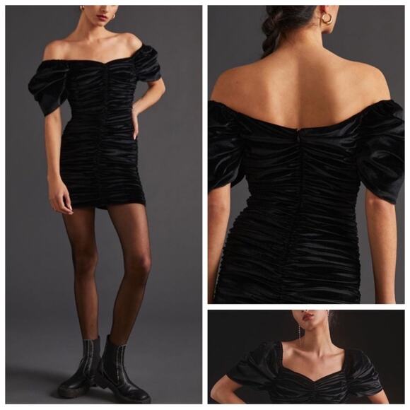 Anthro Hutch Velvet Mini Dress Puff-Sleeves Off-Shoulder Ruched Black Size 2 New - Picture 16 of 16